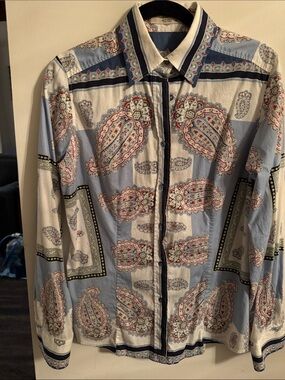 ENTRO ITALY Light Blue and White Paisley Button-Front Blouse size 46